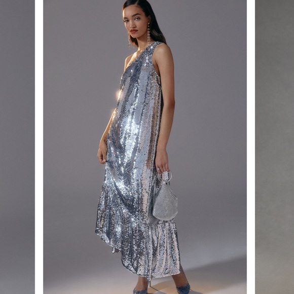 Anthropologie Dresses & Skirts - Maeve one shoulder silver sequin midi dress anthropologie